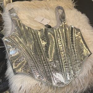 Forever 21 Metallic Silver Faux-Croc Corset Crop Top
